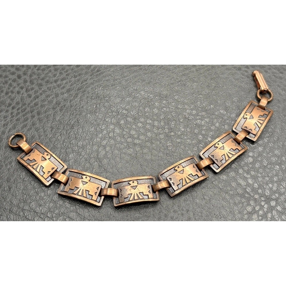 Vintage Copper Southwest Style Thunderbird Motif Link Bracelet Copper Tone